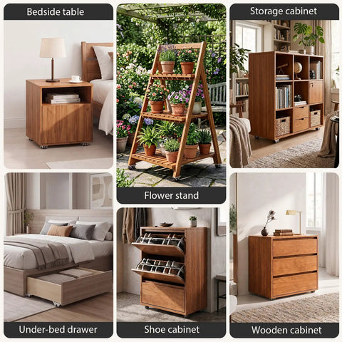 Smooth Rolling Mini Caster Wheels Half Inch Diameter Low Profile Furniture Casters on wooden bedside table with lamp and books.