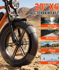 Solid Ride Adult Electric Bike With Upgraded 48V Removable Battery And Dope 1500 Watt Peak Motor Designed To Zip Around Suburbs And Crush Weekend Dirt Routes In Vibrant Orange Hue 20" all-terrain fat tire close-up on rocky terrain.