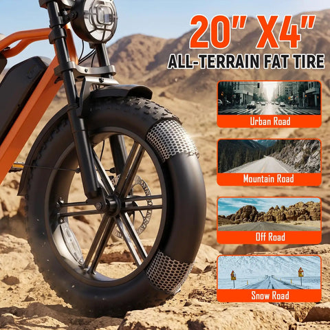 Solid Ride Adult Electric Bike With Upgraded 48V Removable Battery And Dope 1500 Watt Peak Motor Designed To Zip Around Suburbs And Crush Weekend Dirt Routes In Vibrant Orange Hue 20" all-terrain fat tire close-up on rocky terrain.