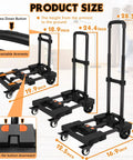 Heavy Duty Hand Truck 500 Lb Capacity With One Touch Retractable Handle And Extendable Plate showing size and dimensions with four wheels