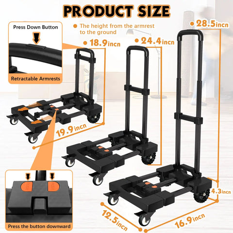 Heavy Duty Hand Truck 500 Lb Capacity With One Touch Retractable Handle And Extendable Plate showing size and dimensions with four wheels