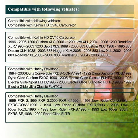 Vehicle compatibility chart for Harley Davidson 40mm CV40 Carburetor Rebuild Kit For Sportster XL883 XLH1200 Roadster FXR Softail Deluxe FLSTN