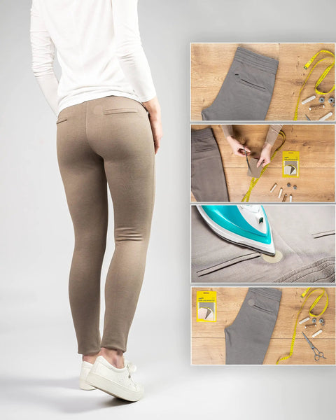 Premium Quality Fabric Iron On Patches Kit With Ultra Strong Glue, shown used on brown pants for quick repairs.
