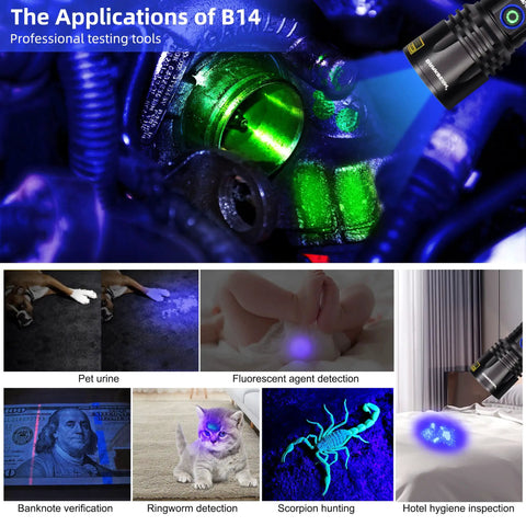 365nm UV Black Light Flashlight, 20W Rechargeable for pet urine, mineral traces, blood stain tracking and various applications