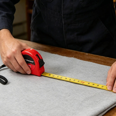 Person using a tape measure on fabric from the All-In-One 140-Piece Home Tool Set For DIY And Home Repairs With Organized Storage Case