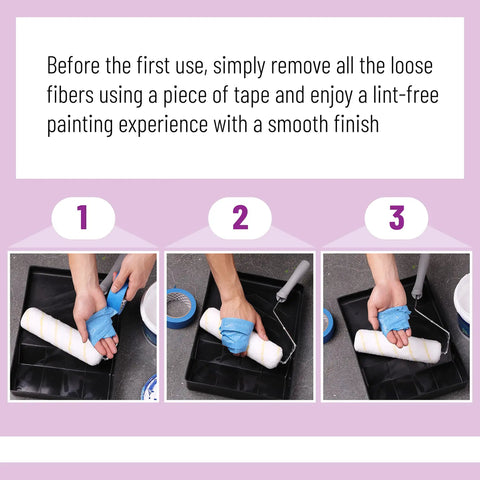 Five Pack Half Inch Nap Nine Inch Paint Roller Covers For All Paints And Stains, steps for removing loose fibers with tape