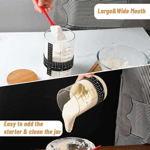 Person using Complete Sourdough Starter Jar Kit 35 Oz Large Glass Jar With Date Marked Feeding Band to pour starter