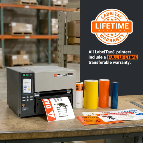 Transform Your Workspace Into A Full Setup Using This Heavy Duty Wide Format Thermal Label Printer To Knock Out Pro Level 4 To 9 Inch Signs All Week Long, showing printer with labels and warning signs.