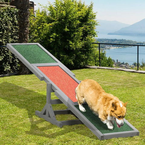 71 Inch Wooden Dog Agility Seesaw Teeter For Backyard Training with corgi on non-slip surface in a garden setting