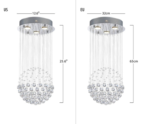 Dope Modern Crystal Raindrop Chandelier Ceiling Light Flush Mount With Round Glass Drops, Dimmable LED Fixture, 12.6" W 25.6" H