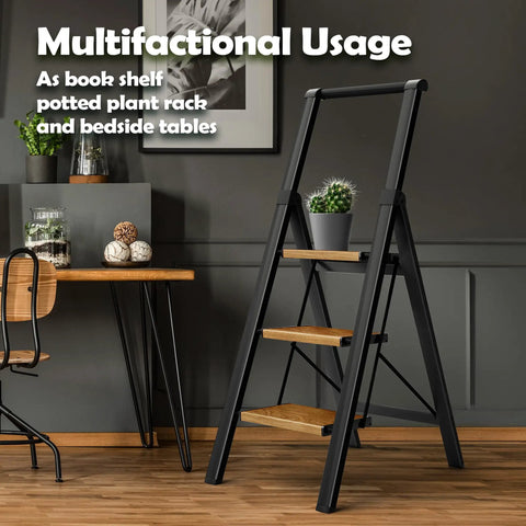 Three Step Foldable Aluminum Ladder With Black Woodgrain Finish, Lightweight Space Saving Step Stool For Home Kitchen And Garage Opens To 44.8 In High 18.9 In Wide 25.9 In Deep Top Step At 26.7 In 9 In Between Steps, shown as a plant stand