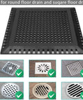 Heavy Duty Stainless Steel Shower Drain Hair Catcher Kicks Sneaky Clogs Fast Straight Up Metal Guard shown fitting square round drains.