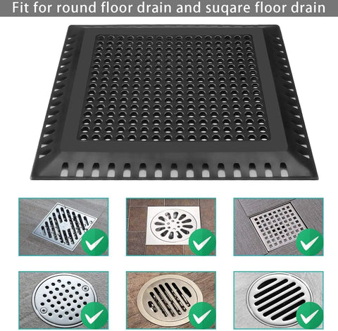 Heavy Duty Stainless Steel Shower Drain Hair Catcher Kicks Sneaky Clogs Fast Straight Up Metal Guard shown fitting square round drains.