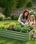 Mother and daughter gardening with Galvanized Raised Garden Bed Kit 4x2x1ft For Veggies And Herbs, outdoor garden, dog nearby.