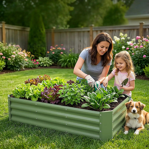 Mother and daughter gardening with Galvanized Raised Garden Bed Kit 4x2x1ft For Veggies And Herbs, outdoor garden, dog nearby.