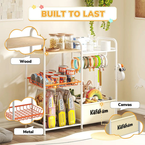 All In One Dog Toy Storage Organizer For Living Room With Toy Shelf Collar Rod Can Dispenser And Leash Holder Multi Functional Dog Basket Perfect Puppy Essentials Box For Toys Treats And Accessories shown in a living room with wooden shelves, metal basket, and canvas container.