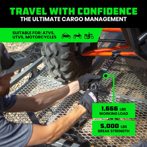 Person securing ATV with Soft Loop Tie Down Straps 4 Pack 1.6 Inch By 17 Inch Heavy Duty 5000 Lbs Break Strength Motorcycle Handlebar Straps For Use With Ratchets ATV UTV Dirt Bike Black on metal grate