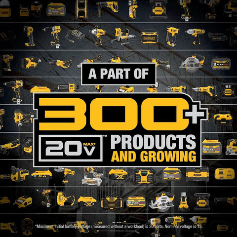 Image showcasing DCB205R 20V Max 5Ah Lithium Ion Battery among 300+ cordless tools with LED charge indicator