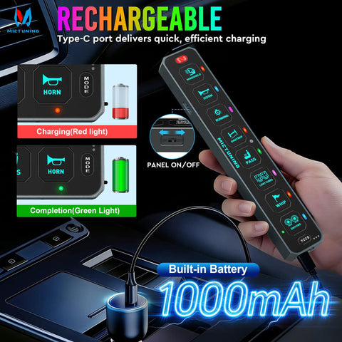 8 Gang Wireless Switch Panel For Off Road Trucks No Drill Slim Design with charging indicators and features overview