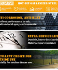 Hot-dip galvanized steel features include anti-corrosion, rust-resistance, durability, and suitability for outdoor fence use.