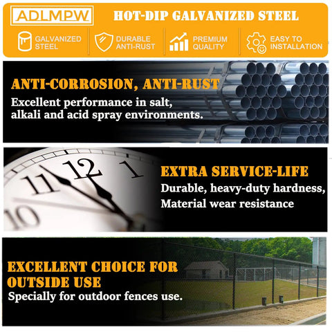 Hot-dip galvanized steel features include anti-corrosion, rust-resistance, durability, and suitability for outdoor fence use.