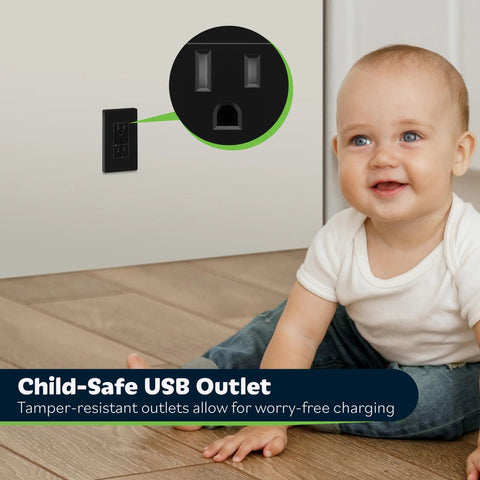 Child near a wall with High Speed USB Wall Outlet With Tamper Resistant Receptacles, Dual USB Ports Up To 2.4A, Nickel finish.