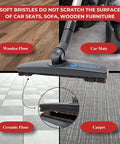 Horsehair Floor Attachment For Hard Surfaces And Tile With Vacuum Hose Adapter shown on wood, ceramic, and carpet floors