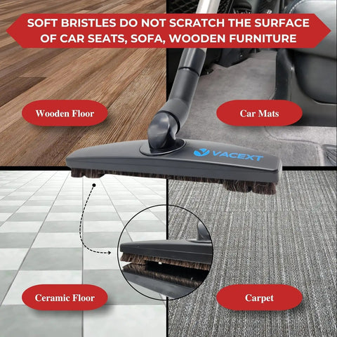 Horsehair Floor Attachment For Hard Surfaces And Tile With Vacuum Hose Adapter shown on wood, ceramic, and carpet floors