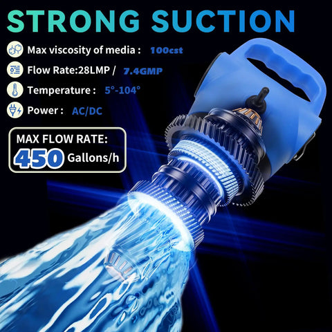 Heavy Duty Electric Drum Pump Fits 55 Gallon Barrels Plug And Play AC DC Dual Power, strong suction for fluid transfer.