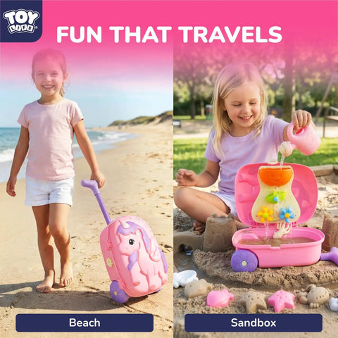 Children playing with Unicorn Themed Rolling Sand Toy Suitcase For Kids Beach Fun With Water Play Table And Wheels