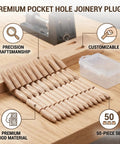 Clutch Pine Wood Pocket Hole Plugs And Slick Angled Fillers For Woodworking Repairs, 50-piece set on wood surface with box.