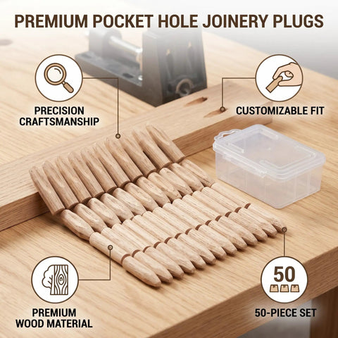 Clutch Pine Wood Pocket Hole Plugs And Slick Angled Fillers For Woodworking Repairs, 50-piece set on wood surface with box.