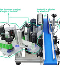 Lay Off The Manual Grind With This Automatic Round Bottle Labeling Machine Featuring A HighSpeed QuickPrint Encoder And Smooth Conveyor For 15 To 39 Inch Bottles, showing adjustable labeling wheels and conveyor.