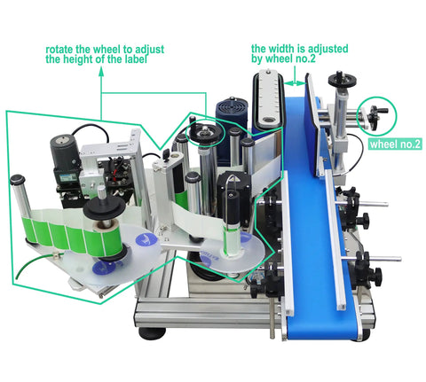 Lay Off The Manual Grind With This Automatic Round Bottle Labeling Machine Featuring A HighSpeed QuickPrint Encoder And Smooth Conveyor For 15 To 39 Inch Bottles, showing adjustable labeling wheels and conveyor.