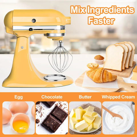 Wire Whip For Tilt Head Stand Mixer Accessory Replacement Egg Cream Stirrer on yellow mixer with ingredients nearby
