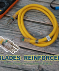25 Ft Lighted Outdoor Extension Cord With 10 3 SJTW Heavy Duty Yellow Cable And 3 Prong Grounded Plug For Safety UL Listed 15 Amp 125 Volt LED Indicator Lights Up When Powered Durable Copper Wire on a wooden surface with close-up of reinforced plug.