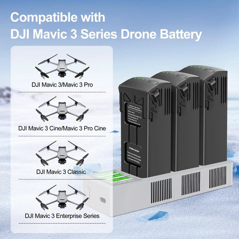 Three Mavic 3 batteries on charging hub with Intelligent LCD Display, compatible with DJI Mavic 3 Pro Cine Classic Enterprise Series