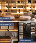 Under Cabinet Lighting Kit With 6 Pack 12 Inch LED Strips illuminating bookcase, bed, and wardrobe in home settings.