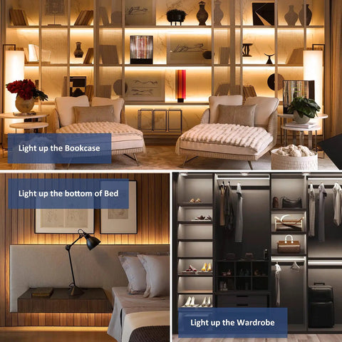 Under Cabinet Lighting Kit With 6 Pack 12 Inch LED Strips illuminating bookcase, bed, and wardrobe in home settings.
