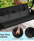 Three Person Outdoor Porch Swing With 2 In 1 Convertible Design From Chair To Lounger For Chill Sessions, removable black cushions