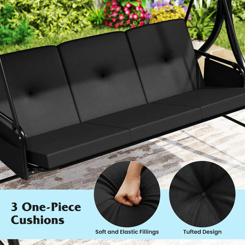 Three Person Outdoor Porch Swing With 2 In 1 Convertible Design From Chair To Lounger For Chill Sessions, removable black cushions