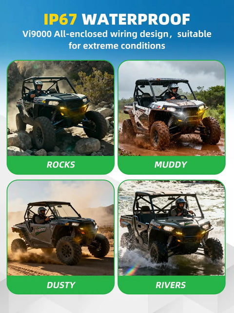 UTV with Road Ready UTV Turn Signal Kit navigating rocky, muddy, dusty, and river terrains