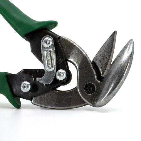 Close-up of Right Upright Aviation Snips for Tin and Sheet Metal with Forged Blades and Kush N Power Comfort Grips, green handle visible