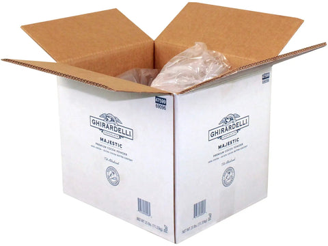 Open box of Majestic Premium Dutch Processed Cocoa Powder 20 To 22 Percent Fat Alkalized PH Eight Point Five For Baking And Desserts 25 lb bag