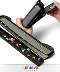 Close-up of On The Go 3 Hole Binder Punch for Ring Binders in black, ultra-compact design with ruler, used for organizing documents efficiently.