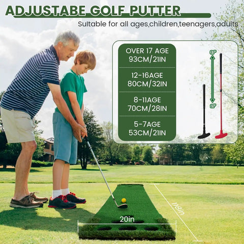 Man and child using Indoor Outdoor Putt Putt Golf Game Set With Two Adjustable Two Way Putters From 21 To 37 Inches on grass