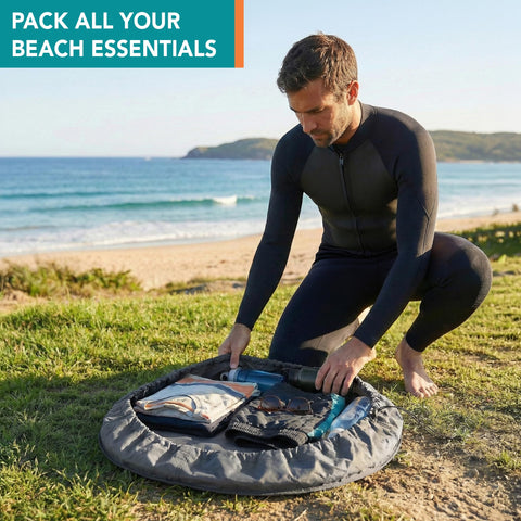 Man using Wetsuit Changing Mat And Dry Bag For Surfing And Kayaking All In One 30 Inch Leakproof Gear Mat on beach