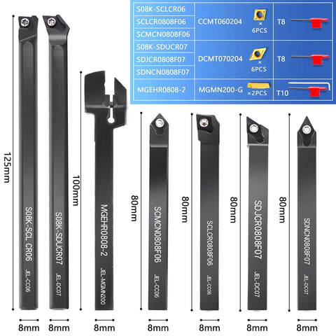 21-piece lathe turning tool set with threading holders, boring bars, and carbide inserts; black 8 mm shank tools