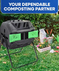 Dual Chamber 43 Gallon Compost Tumbler Bin For Outdoor Gardens And Backyards No Fuss Easy Turn Barrel Mixer To Produce Nutrient Rich Compost Weatherproof Plastic And Steel Build Green shown in a garden setting