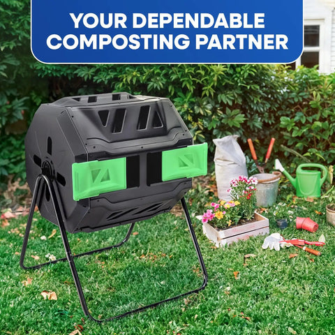 Dual Chamber 43 Gallon Compost Tumbler Bin For Outdoor Gardens And Backyards No Fuss Easy Turn Barrel Mixer To Produce Nutrient Rich Compost Weatherproof Plastic And Steel Build Green shown in a garden setting